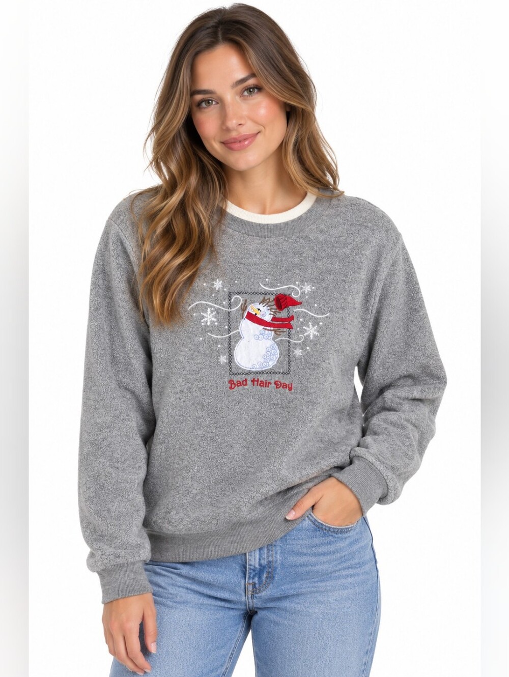 Tradition Country Collection Bad Hair Day Snowman Gray Fleece Sweatshirt M